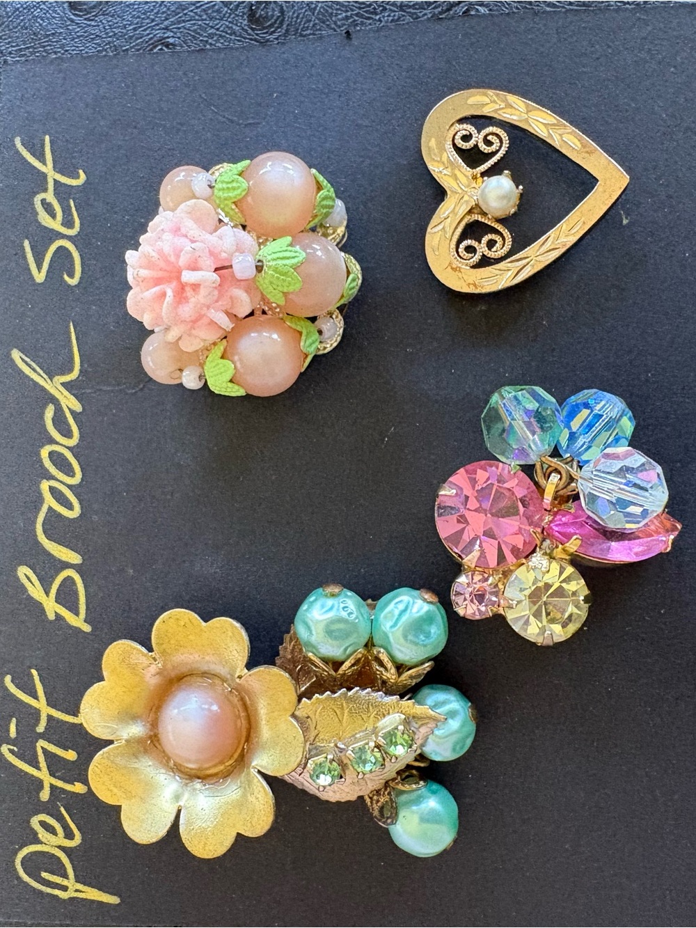 Vintage Multi-Color Cluster Brooch Set - Pink, Gold, Aqua